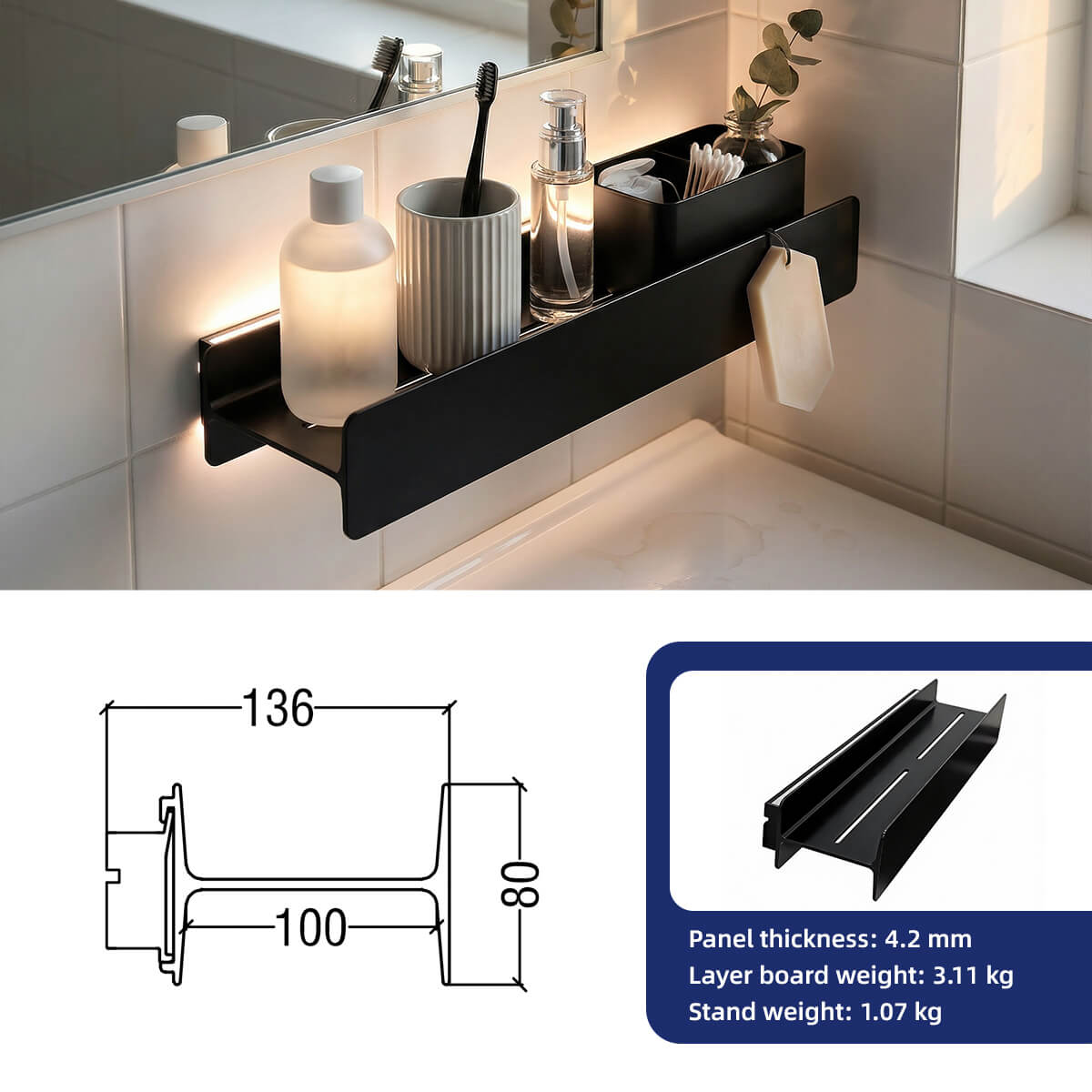 Modern Bathroom Storage Wall-mounted Light-emitting Shelf